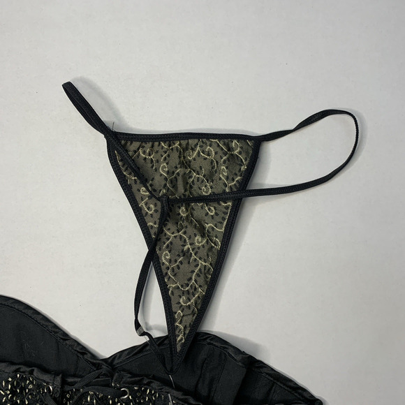 iCollection Boudior Lace Corset Thong Set Sz 36 Black Gold Brocade Pin Up Glam - Picture 8 of 16